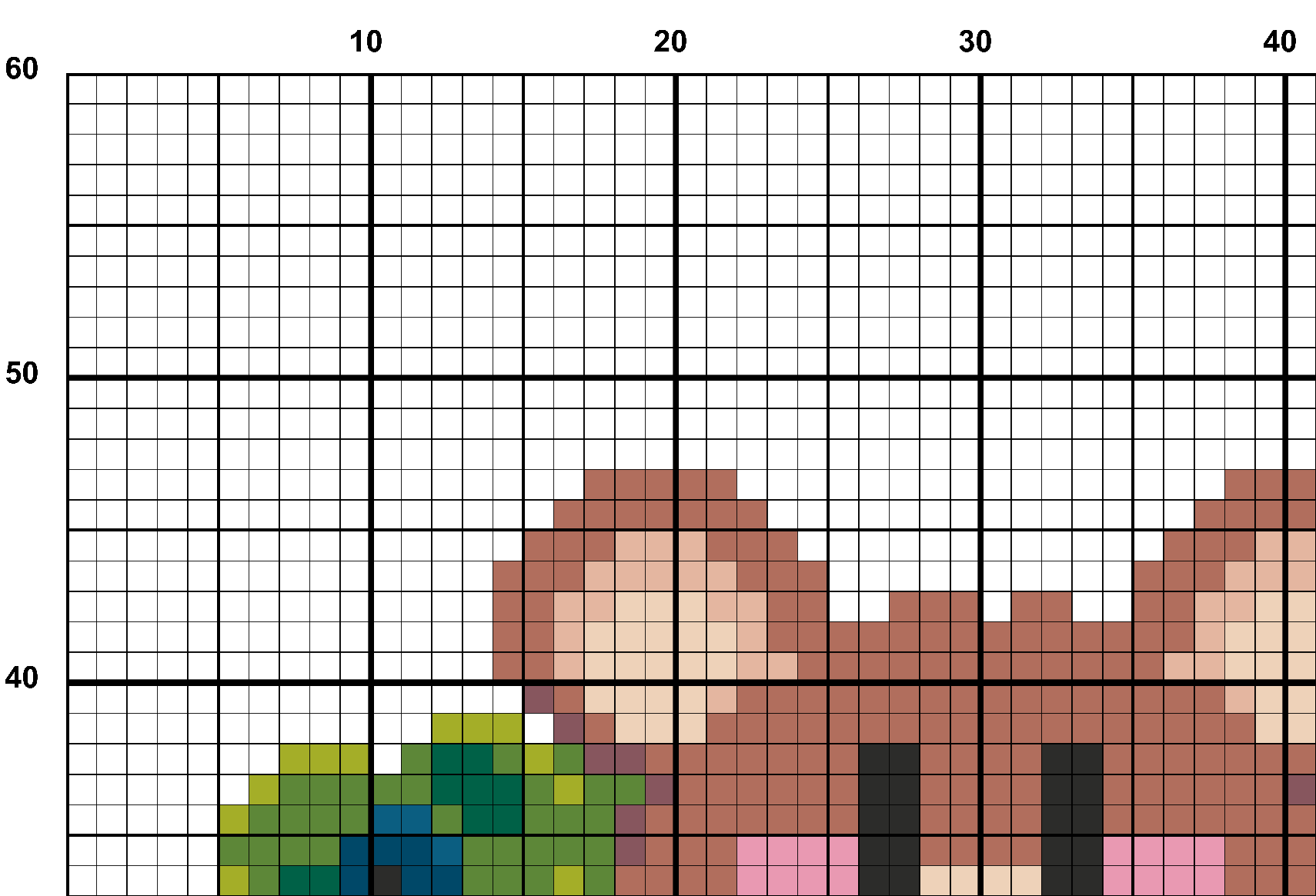 A snippet from the upper left corner of the full colour grid with no symbols cross stitch pattern chart for Bluebeary.
