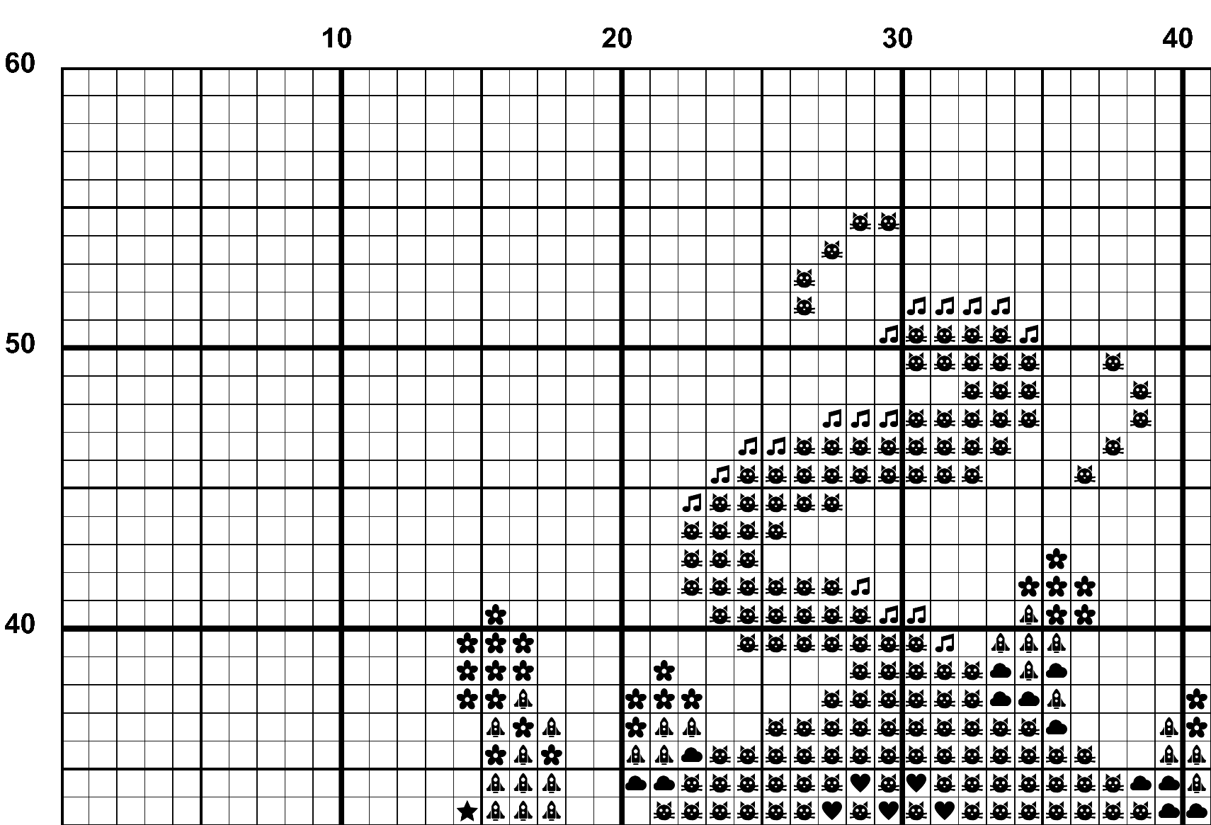 A snippet from the upper left corner of the white grid with black symbols cross stitch pattern chart for Maximum Stealth.