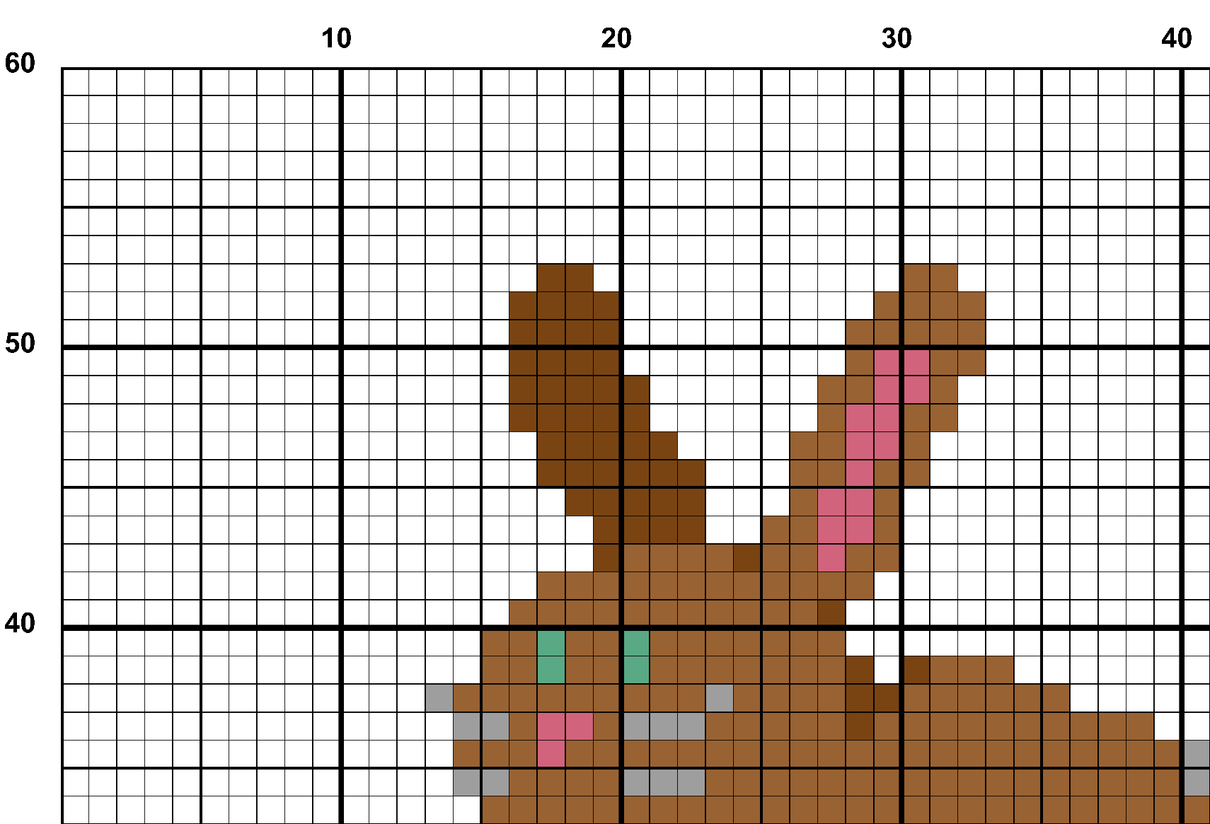 A snippet from the upper left corner of the full colour grid with no symbols cross stitch pattern chart for Strawbunny.