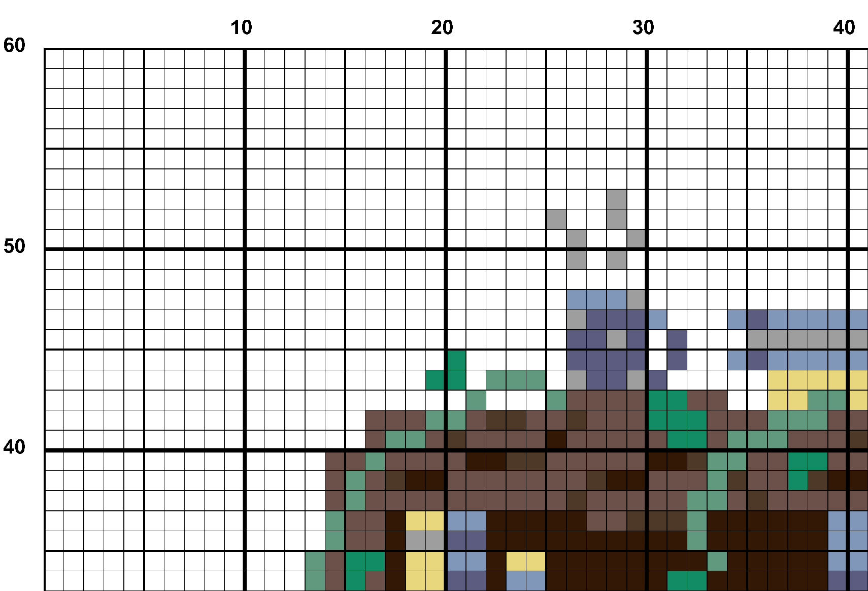 A snippet from the upper left corner of the full colour grid with no symbols cross stitch pattern chart for Take a Book, Leaf a Book.