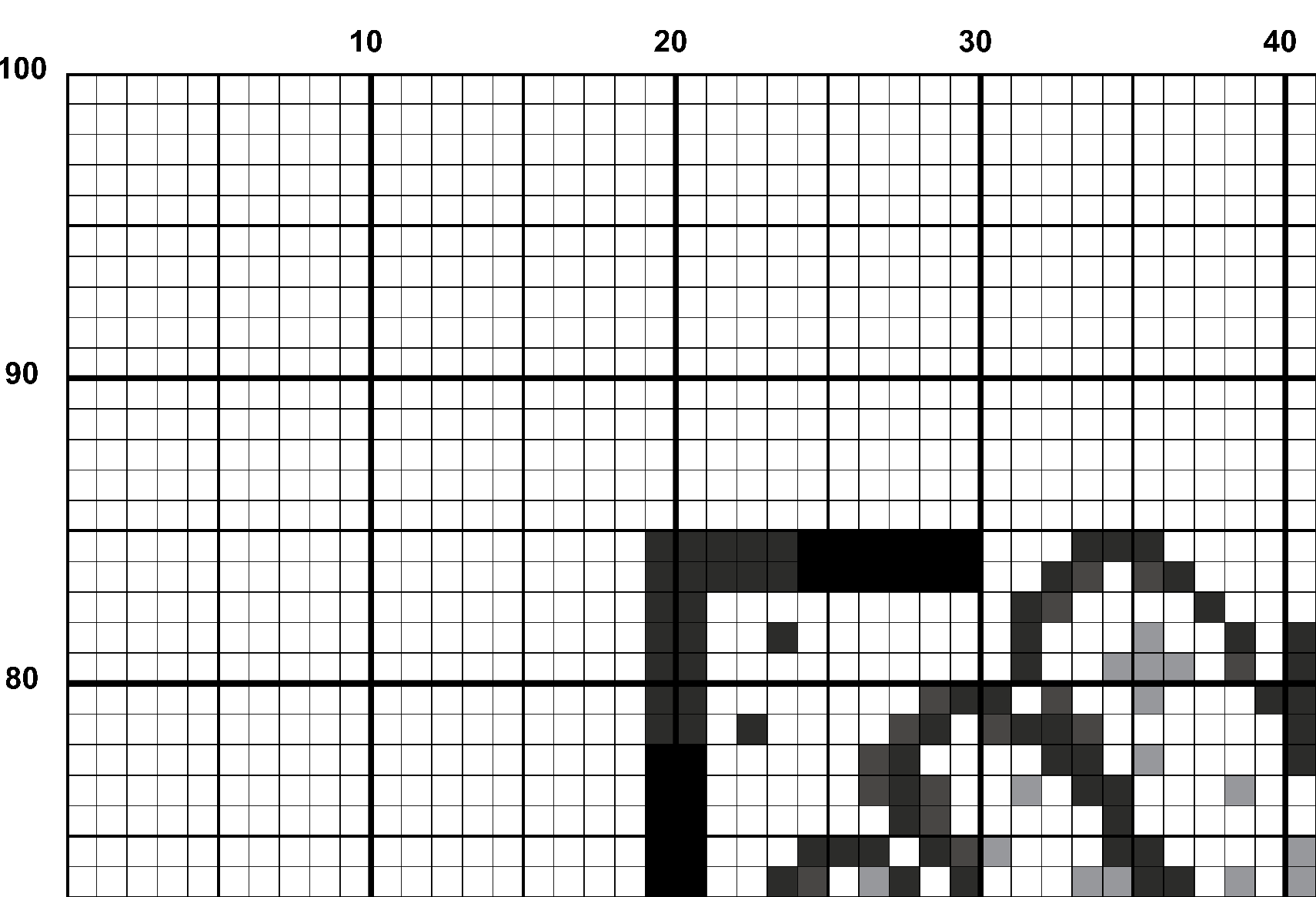 A snippet from the upper left corner of the full colour grid with no symbols cross stitch pattern chart for Afternoon Aster.