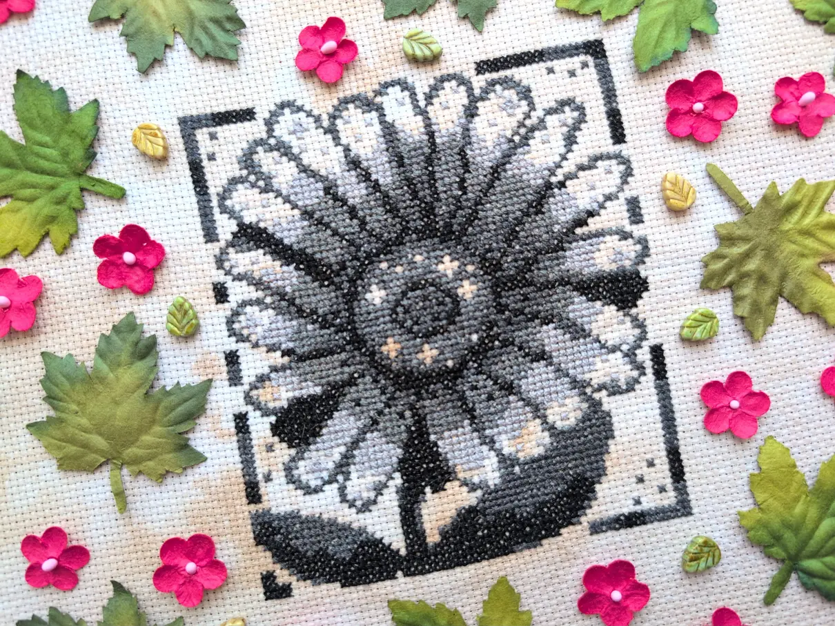 A greyscale cross stitch on tea-dyed aida of a sketch of an aster flower. It is framed with red flowers and green maple leaves.