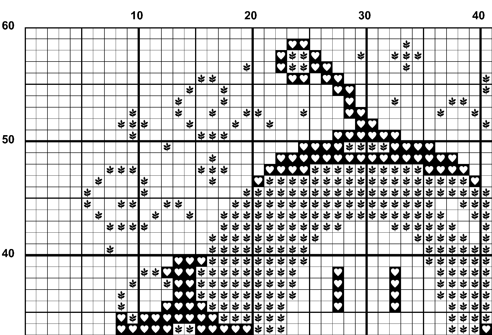 A snippet from the upper left corner of the full colour grid with symbols cross stitch pattern chart for An Unlikely Fan.