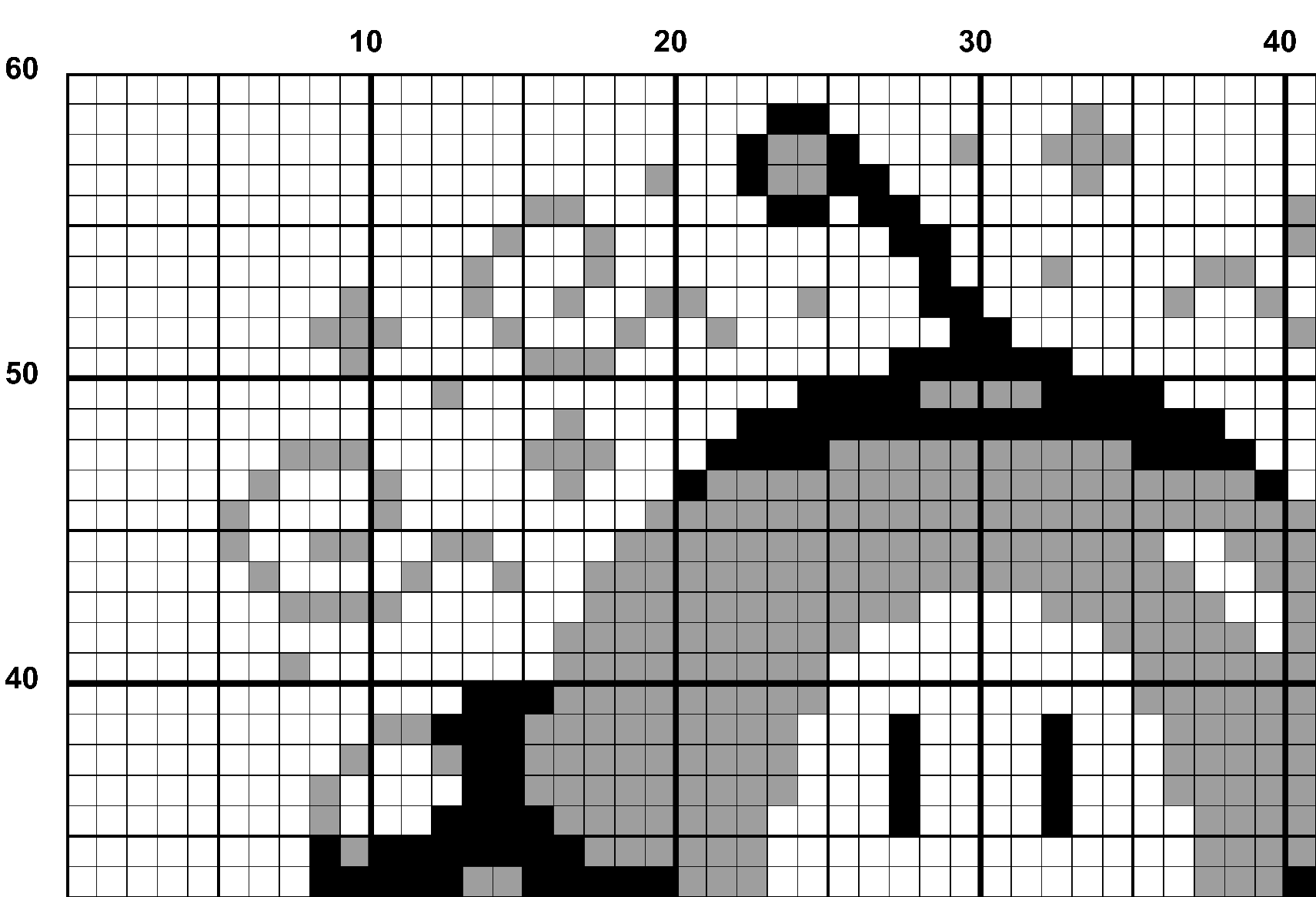 A snippet from the upper left corner of the full colour grid with no symbols cross stitch pattern chart for An Unlikely Fan.