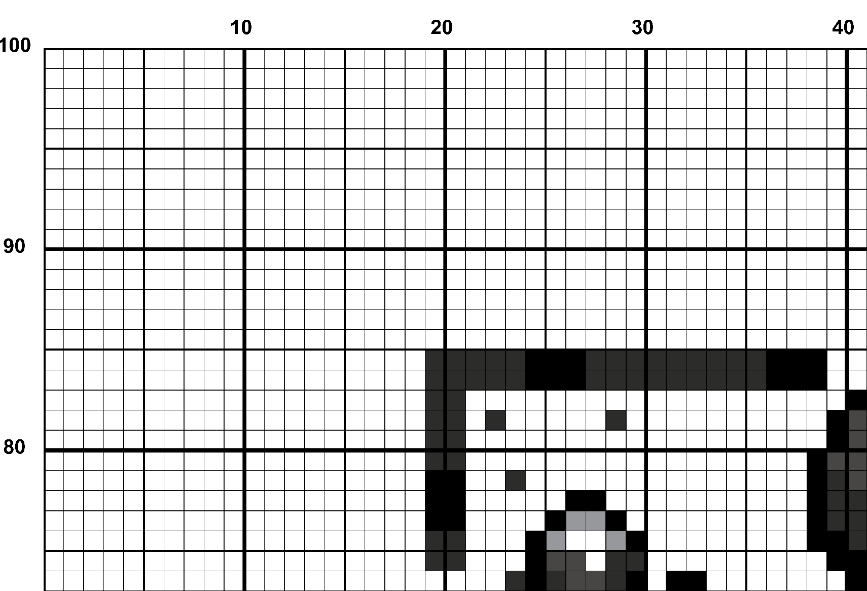 A snippet from the upper left corner of the full colour grid with no symbols cross stitch pattern chart for Clambering Reds.