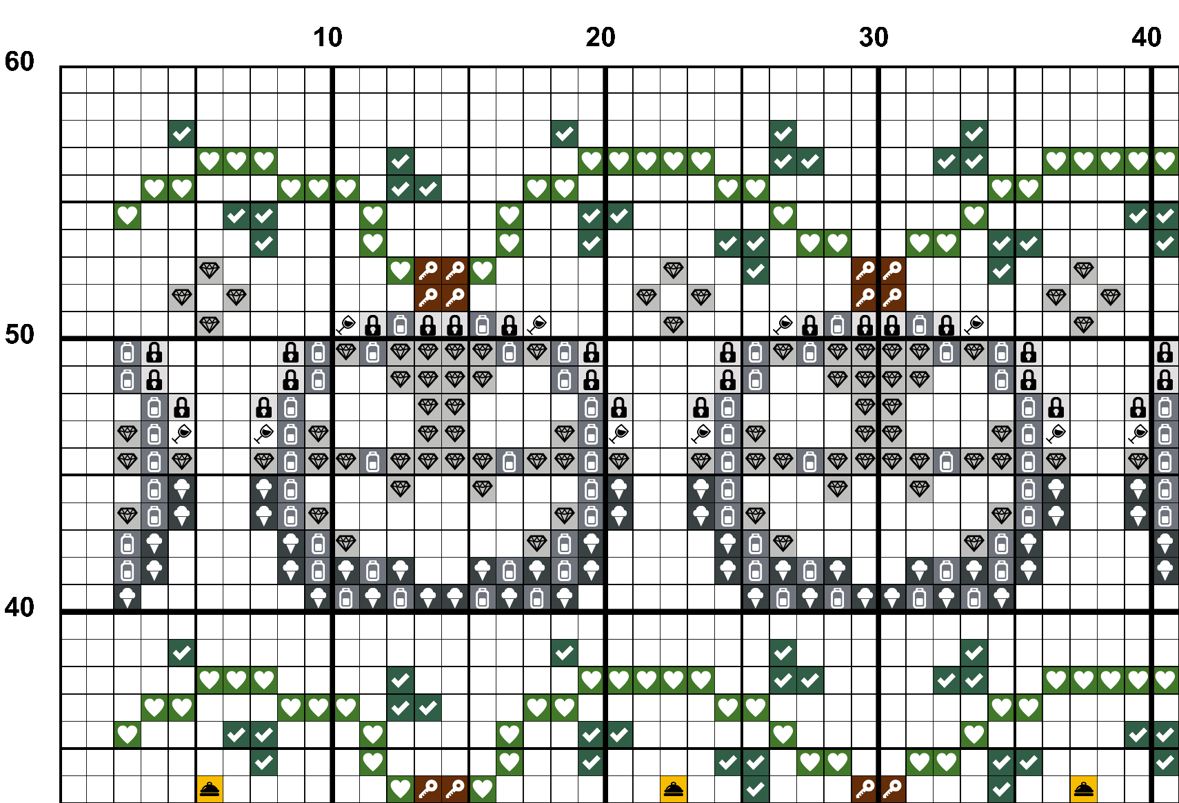 A snippet from the upper left corner of the full colour grid with symbols cross stitch pattern chart for Haunting Hues.