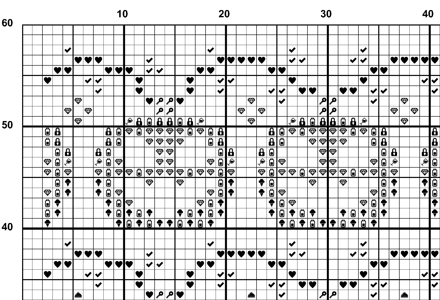 A snippet from the upper left corner of the white grid with black symbols cross stitch pattern chart for Haunting Hues.