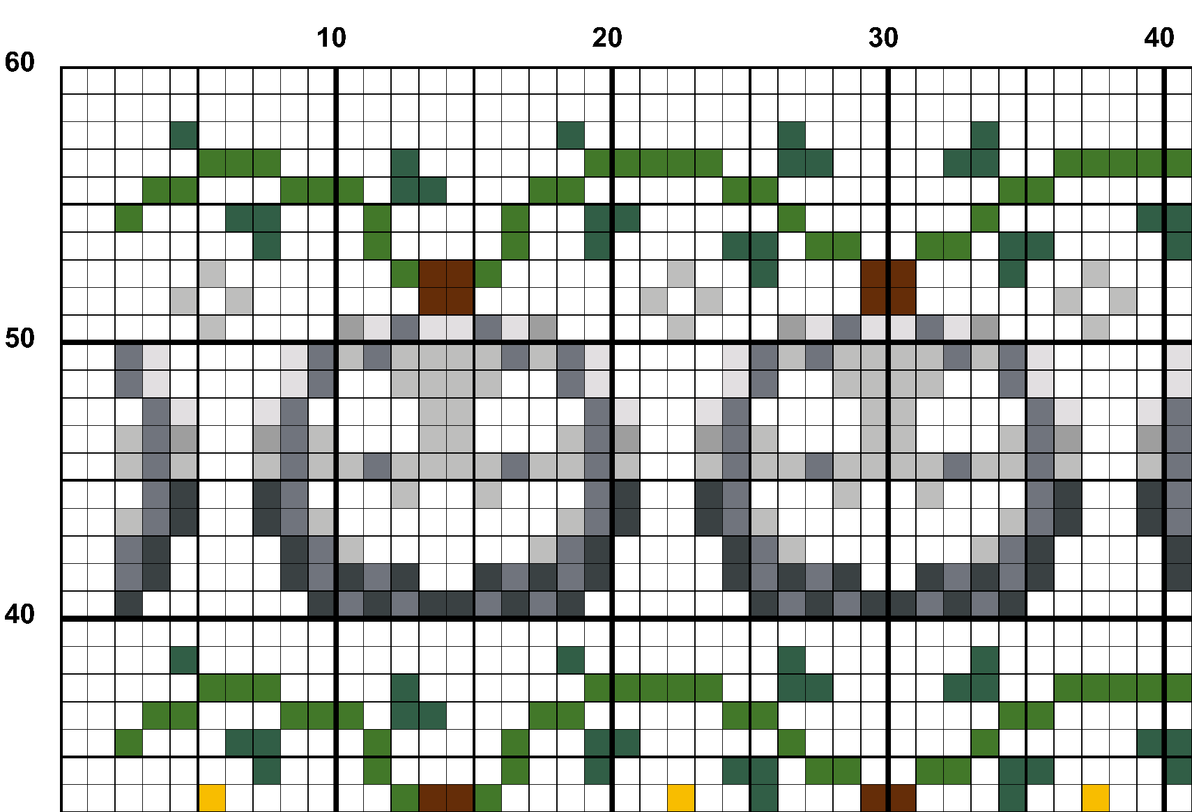 A snippet from the upper left corner of the full colour grid with no symbols cross stitch pattern chart for Haunting Hues.