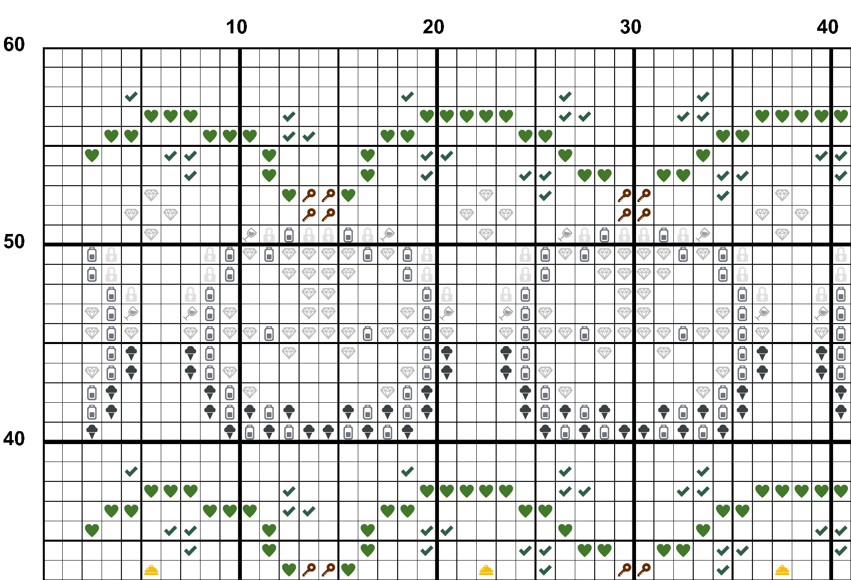 A snippet from the upper left corner of the white grid with colour symbols cross stitch pattern chart for Haunting Hues.