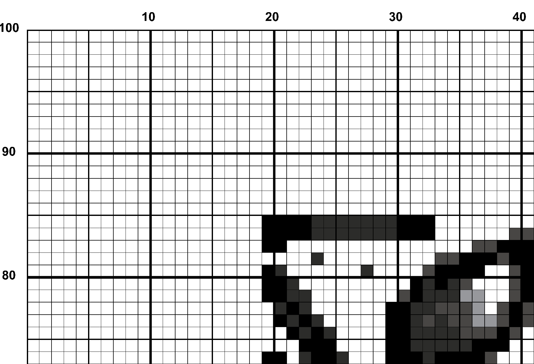 A snippet from the upper left corner of the full colour grid with no symbols cross stitch pattern chart for Heart's Grip.