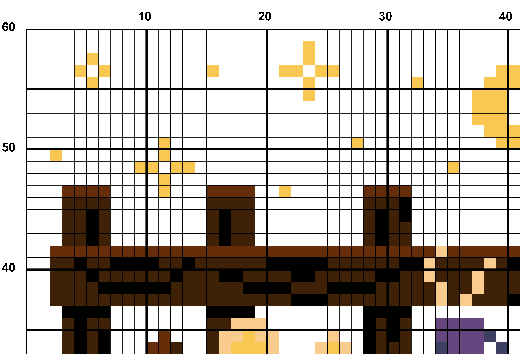 A snippet from the upper left corner of the full colour grid with no symbols cross stitch pattern chart for Nightlight.