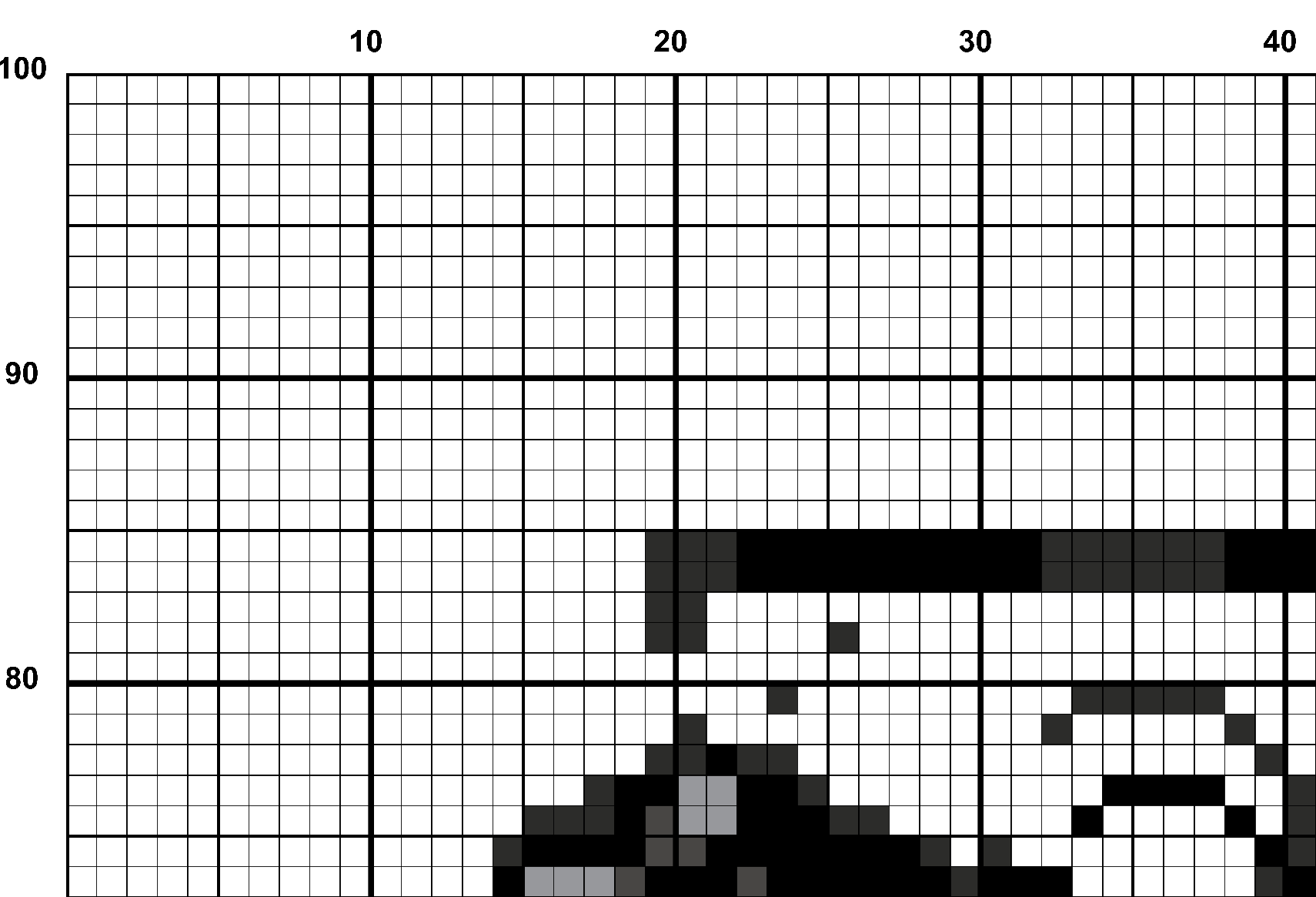 A snippet from the upper left corner of the full colour grid with no symbols cross stitch pattern chart for Orange Tentacle.