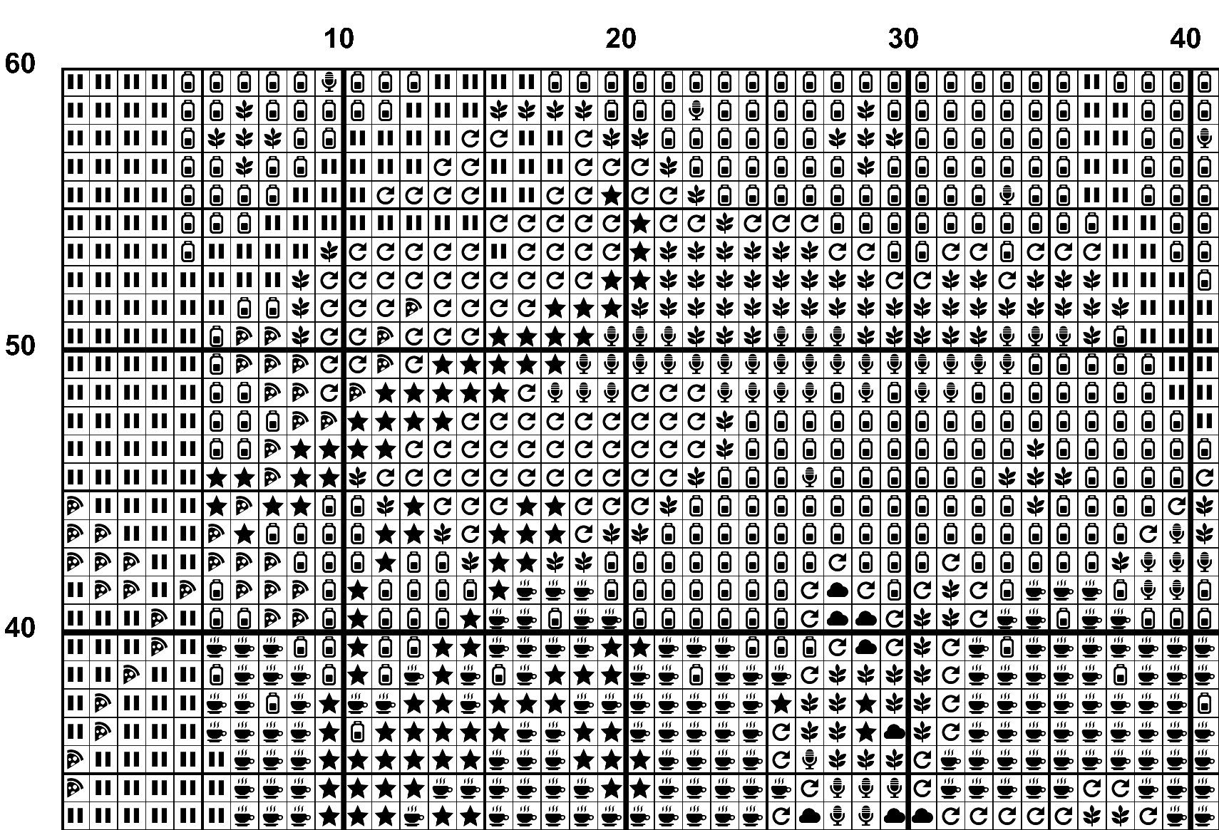 A snippet from the upper left corner of the white grid with black symbols cross stitch pattern chart for Treetop Haven.