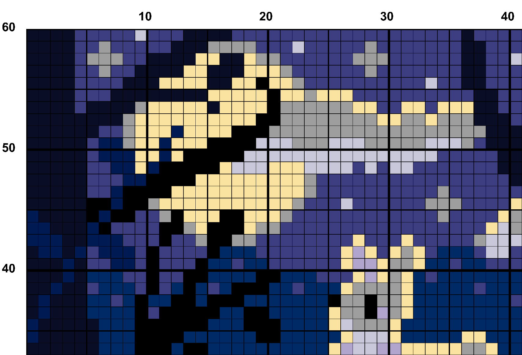 A snippet from the upper left corner of the full colour grid with no symbols cross stitch pattern chart for Treetop Haven.
