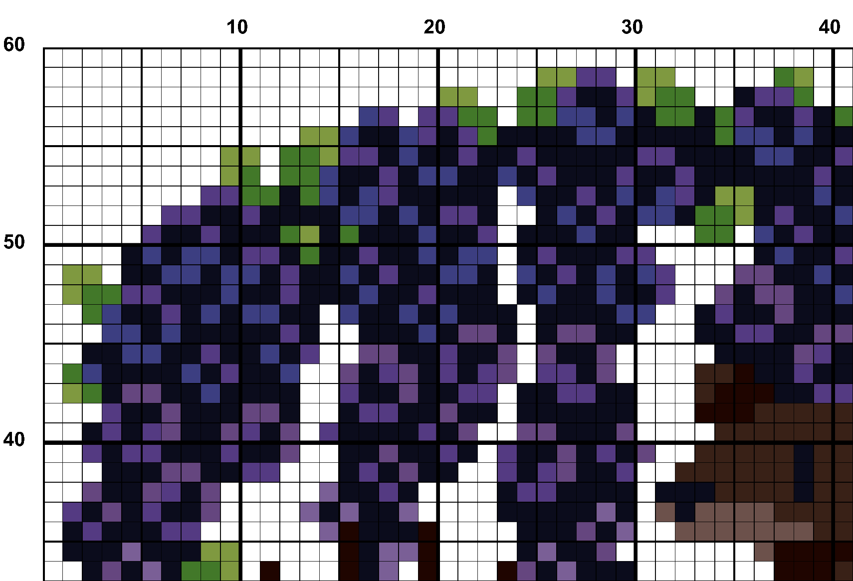 A snippet from the upper left corner of the full colour grid with no symbols cross stitch pattern chart for Wisteria's Rest.
