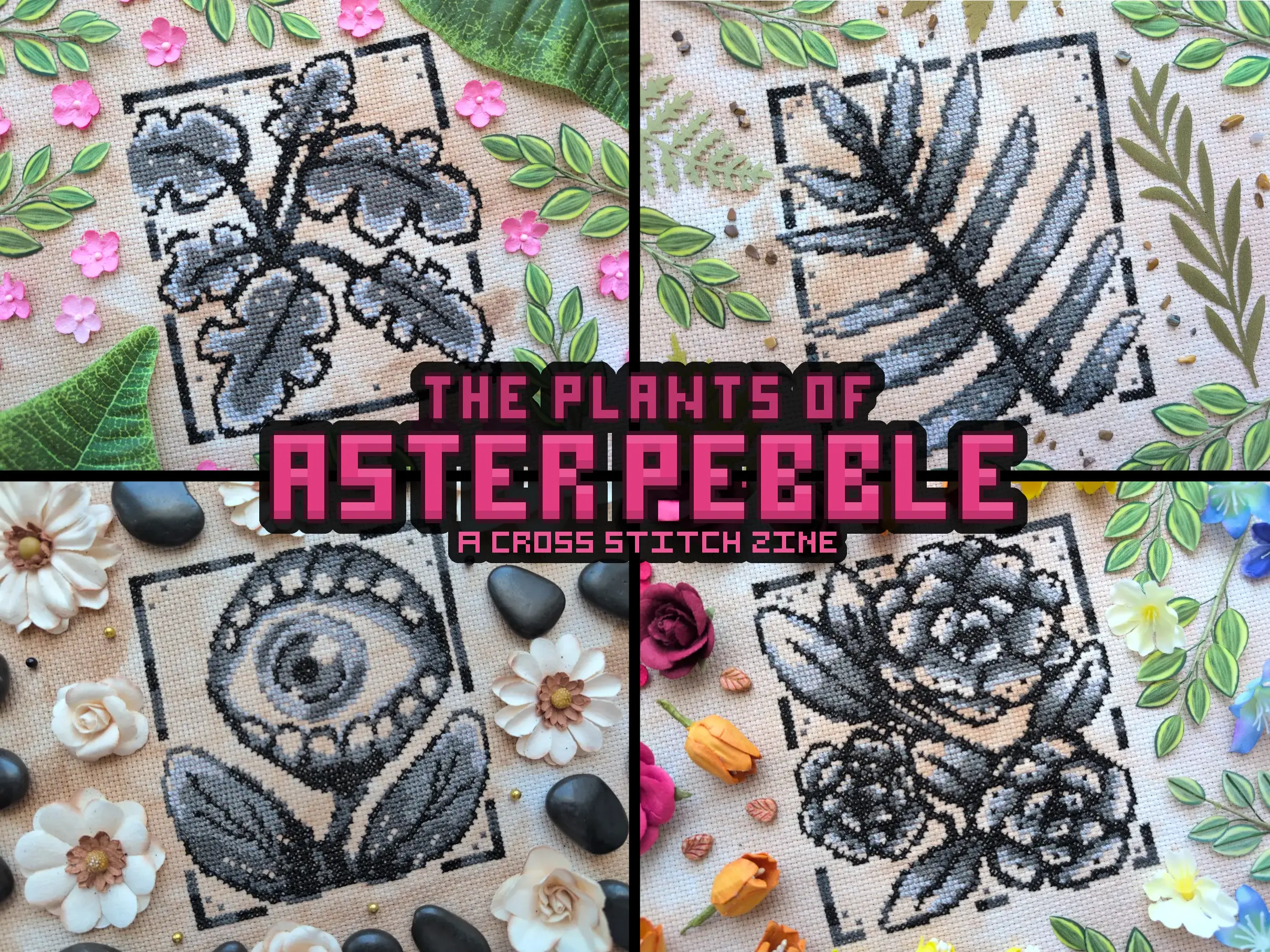 A grid of four images. Each image is of a different plant cross stitch stitched in greyscale. The first is a plant resembling a monstera. The second is a plant resembling a fern frond. The third is a plant that has a giant eyeball. The fourth is a plant resembling roses.