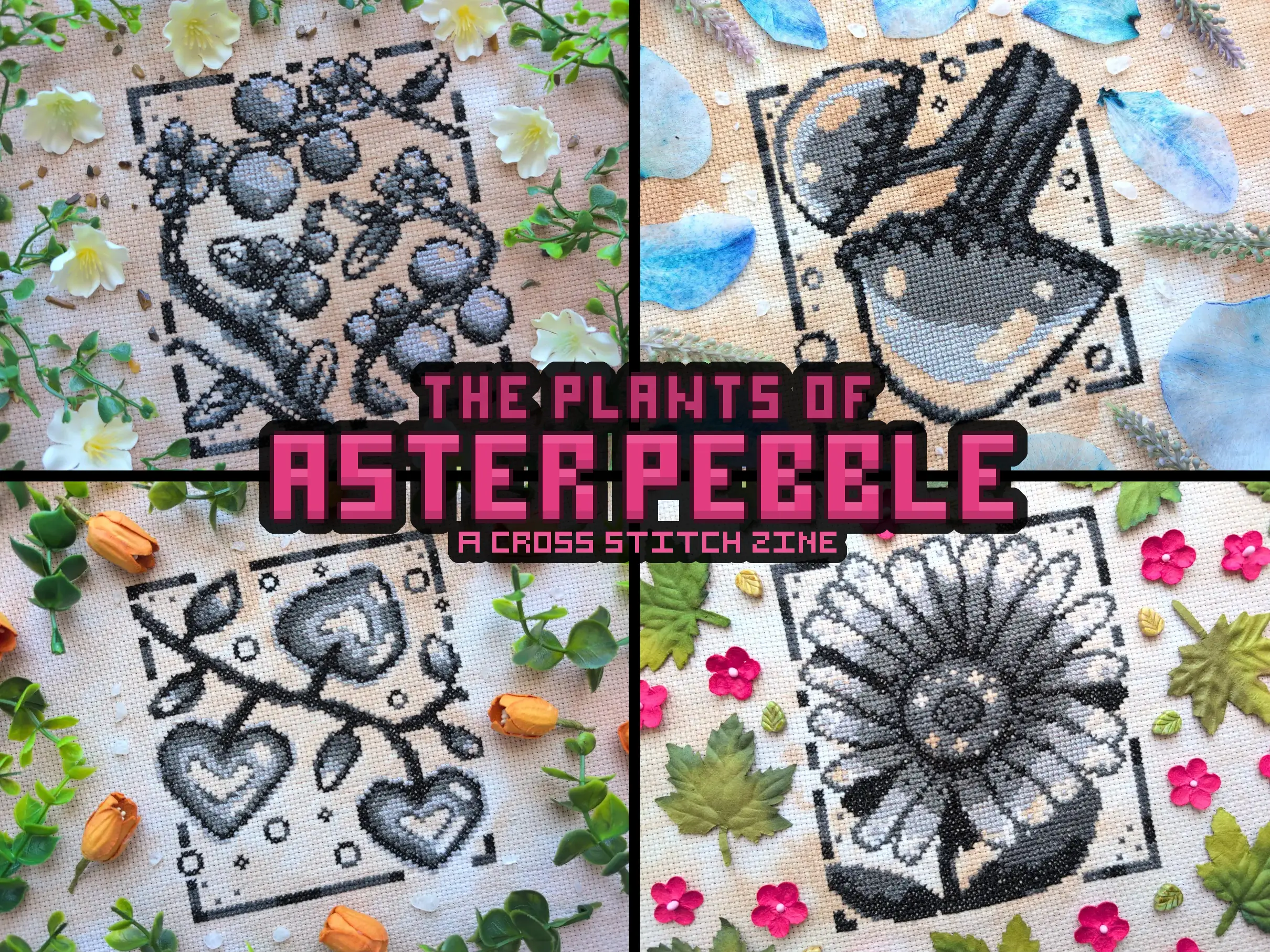 A grid of four images. Each image is of a different plant cross stitch stitched in greyscale. The first is  a creeping tomato plant. The second is glowing mushrooms. The third is a heart shaped plant on a vine. The fourth is a plant resembling an aster flower.